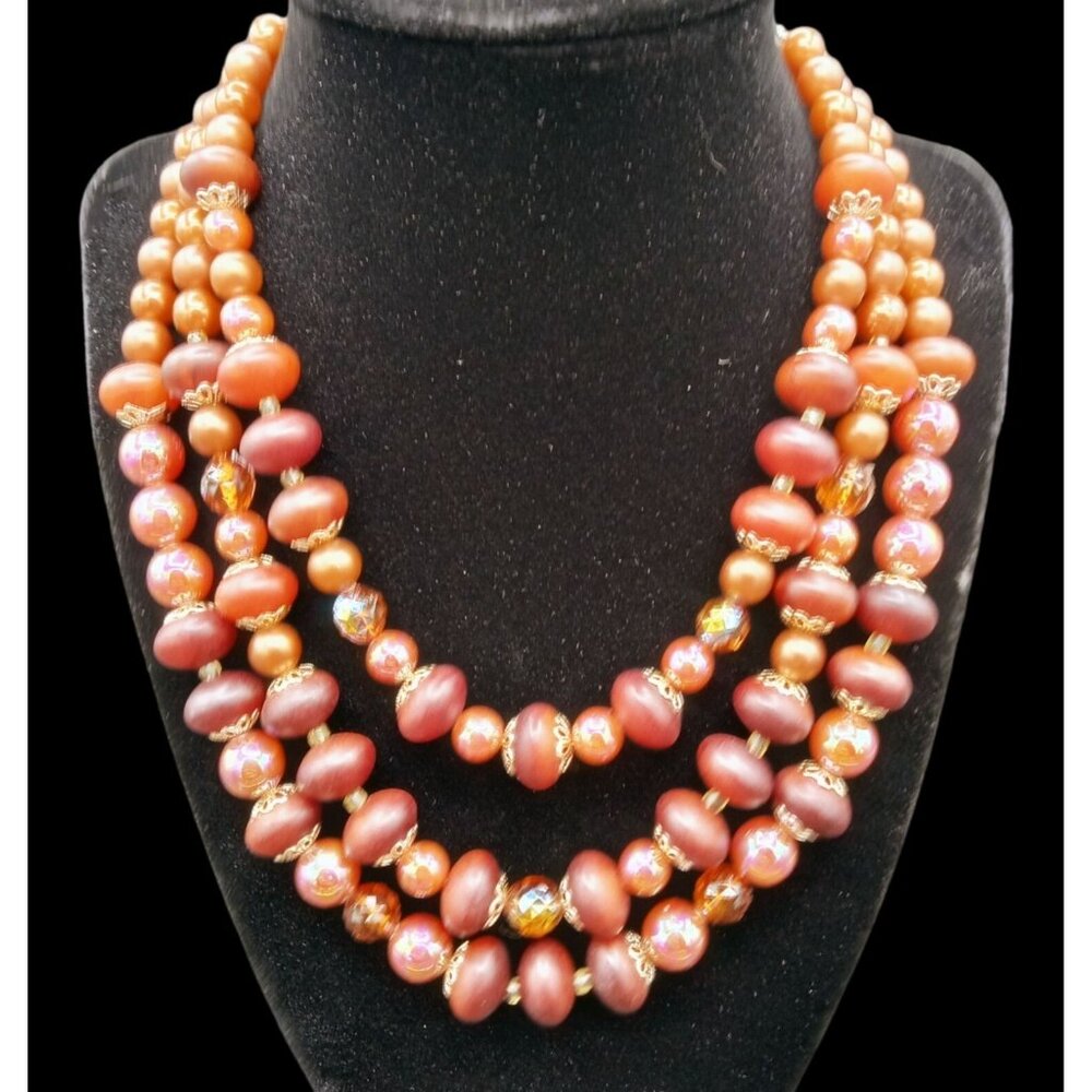 Triple Strand Beaded Choker 1.75 Inch Drop 12 Inches Long Hook Clasp Vintage